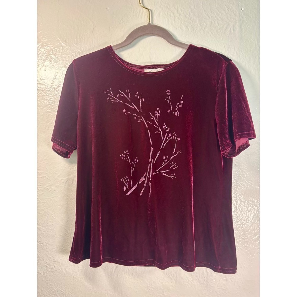 Kathie Lee Collection Velour Top Large Burgundy Sparkle‎ Grandma Office Classic